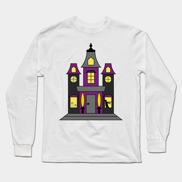 Purple and Black Halloween Haunted House with Ghost, Zombie, & Hands Long Sleeve T-Shirt by PLLDesigns